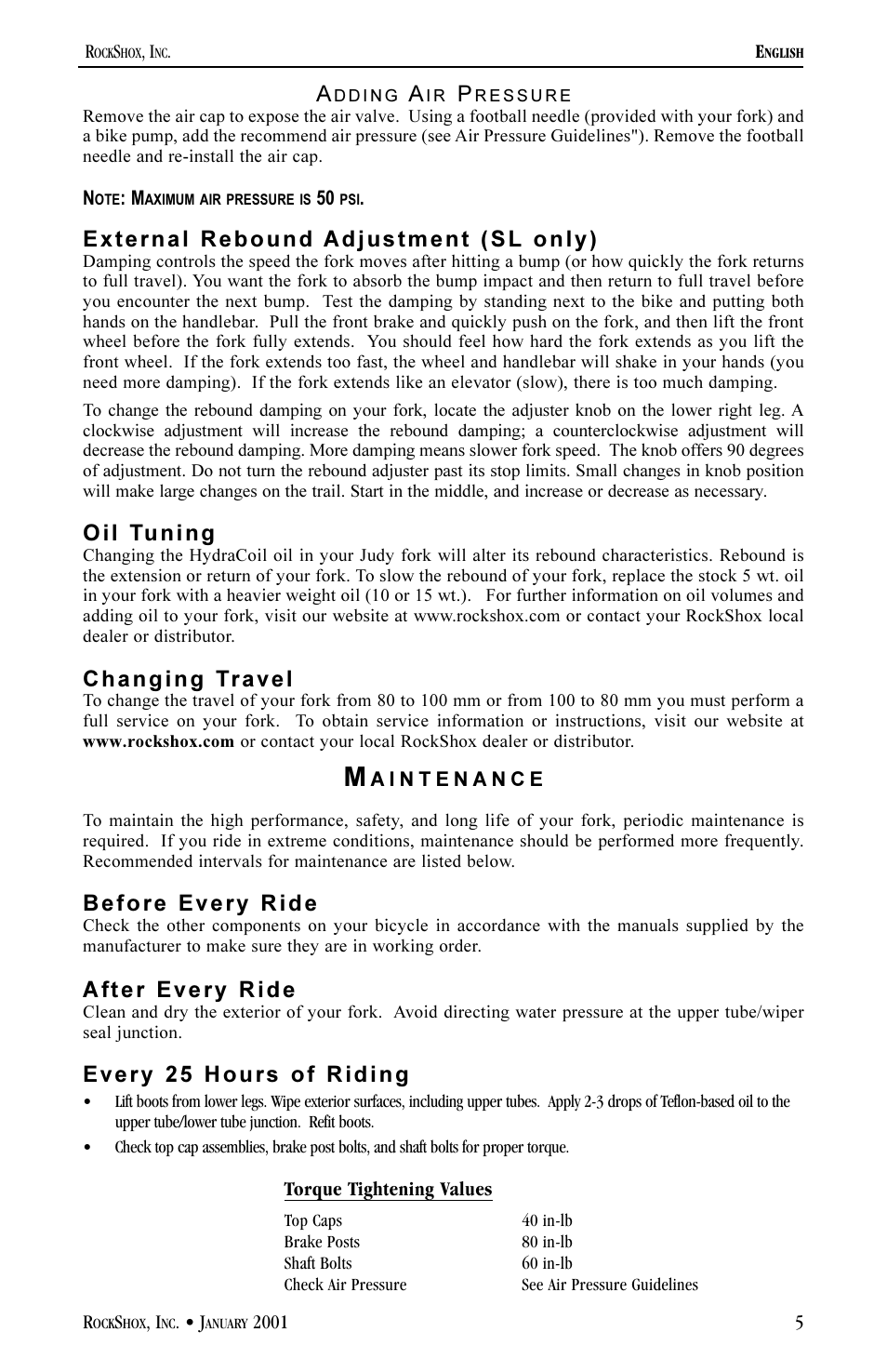 External rebound adjustment (sl only), Oil tuning, Changing travel | Before every ride, A fter every ride, Every 25 hours of riding | JUDY CRAFT SL User Manual | Page 5 / 9