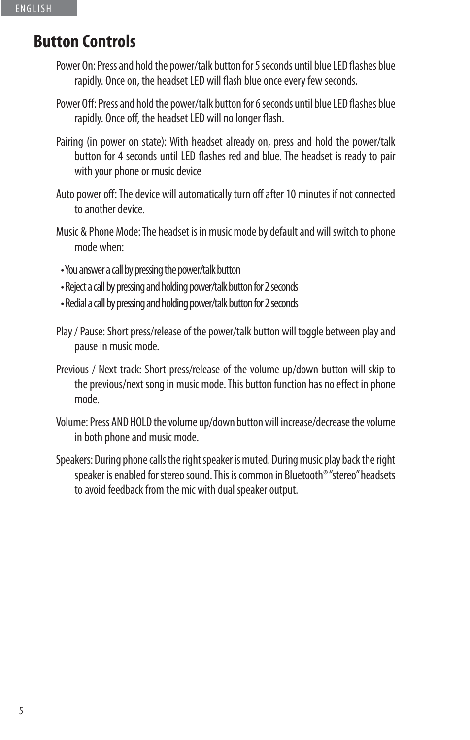 Button controls | JayBird BLUETOOTH HEADPHONES JB200 User Manual | Page 10 / 82