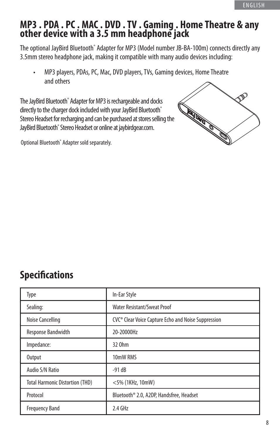 Specifi cations | JayBird BLUETOOTH HEADPHONES JB200 User Manual | Page 13 / 82