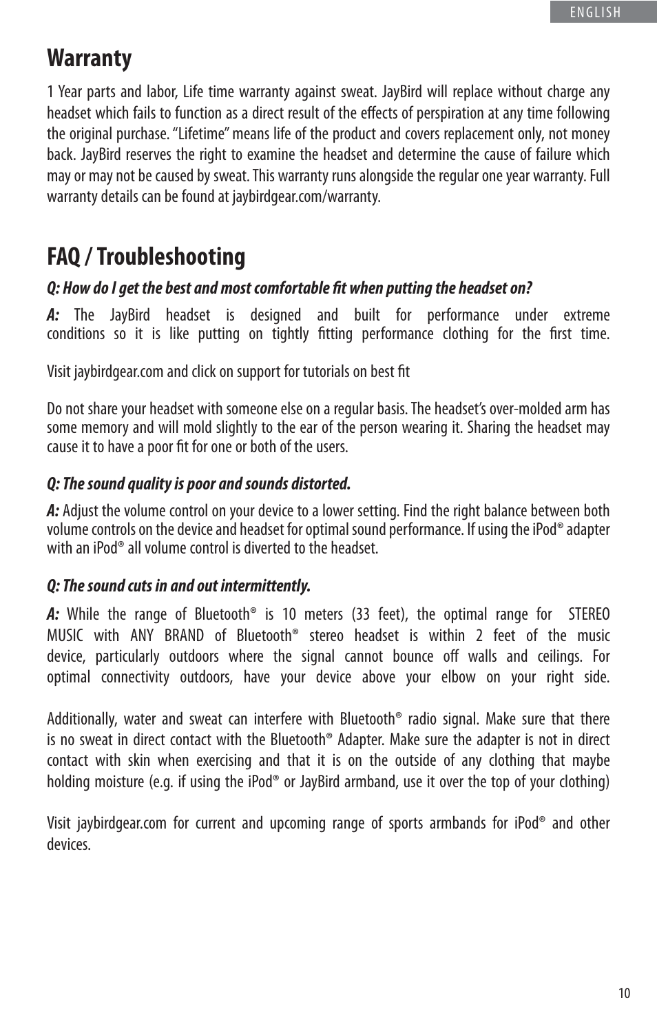 Warranty, Faq / troubleshooting | JayBird BLUETOOTH HEADPHONES JB200 User Manual | Page 15 / 82