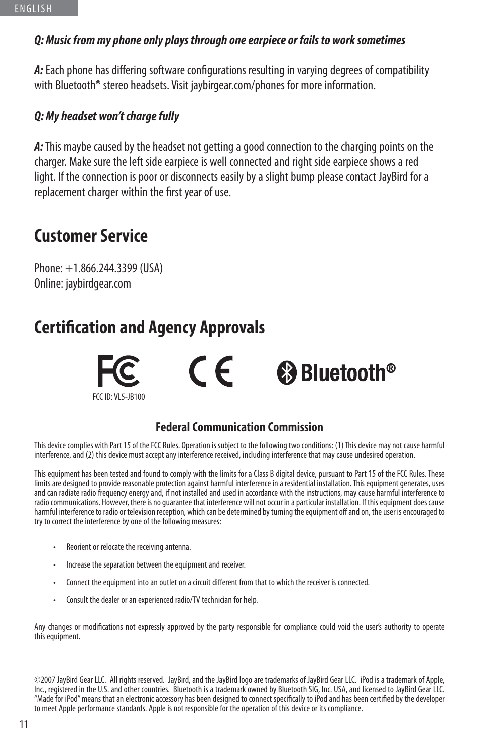 Customer service, Certifi cation and agency approvals | JayBird BLUETOOTH HEADPHONES JB200 User Manual | Page 16 / 82