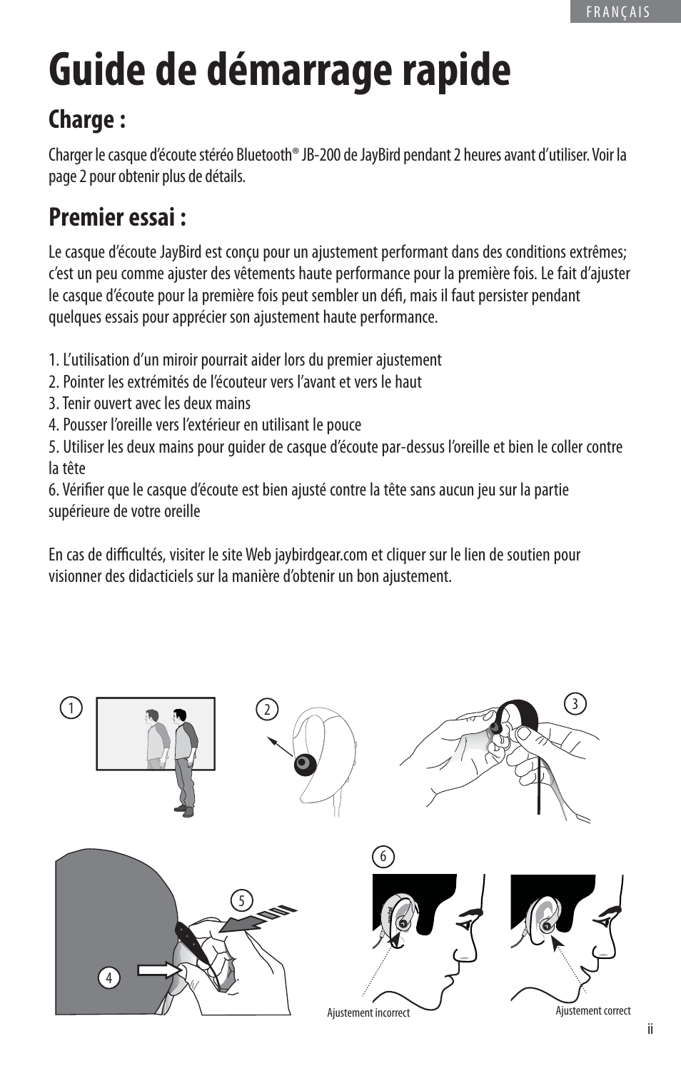 Guide de démarrage rapide, Charge, Premier essai | JayBird BLUETOOTH HEADPHONES JB200 User Manual | Page 19 / 82