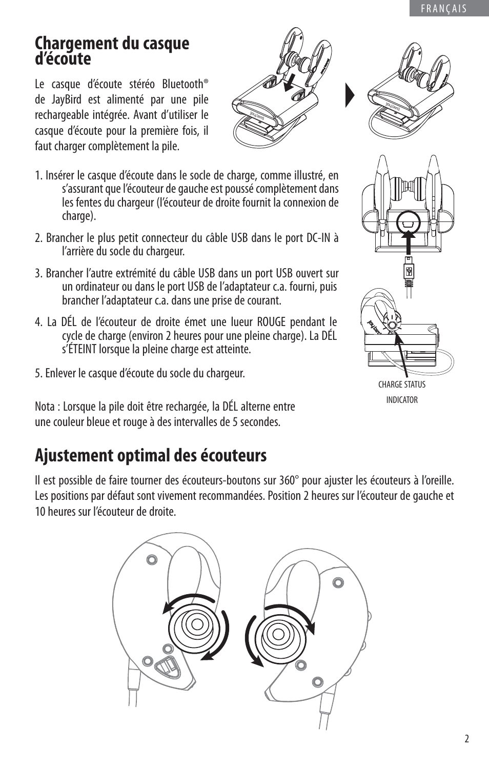 Chargement du casque d’écoute, Ajustement optimal des écouteurs | JayBird BLUETOOTH HEADPHONES JB200 User Manual | Page 23 / 82