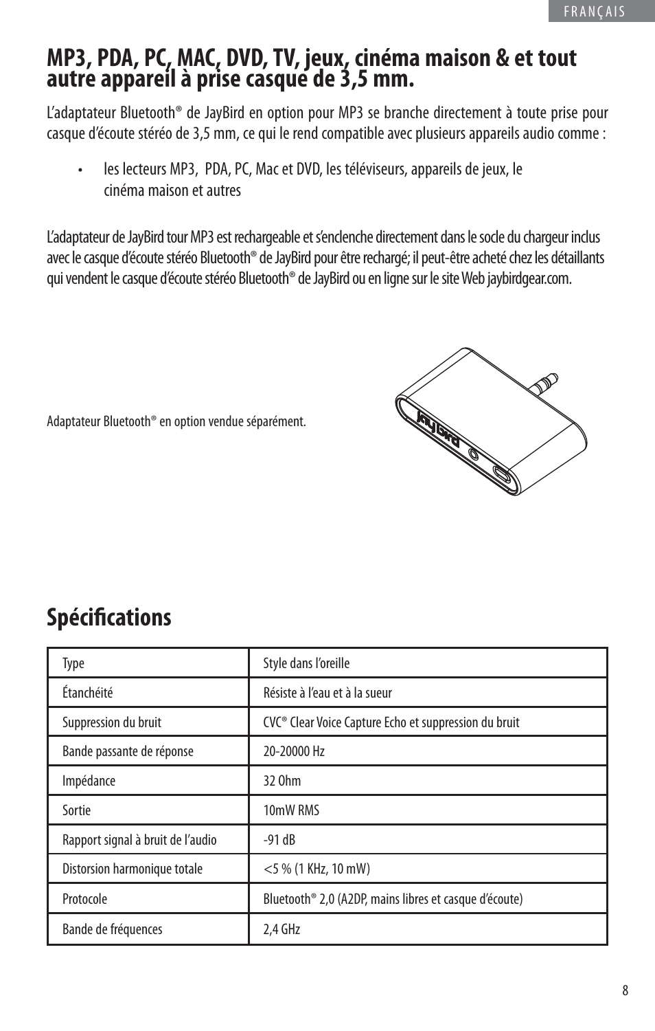 Spécifi cations | JayBird BLUETOOTH HEADPHONES JB200 User Manual | Page 29 / 82