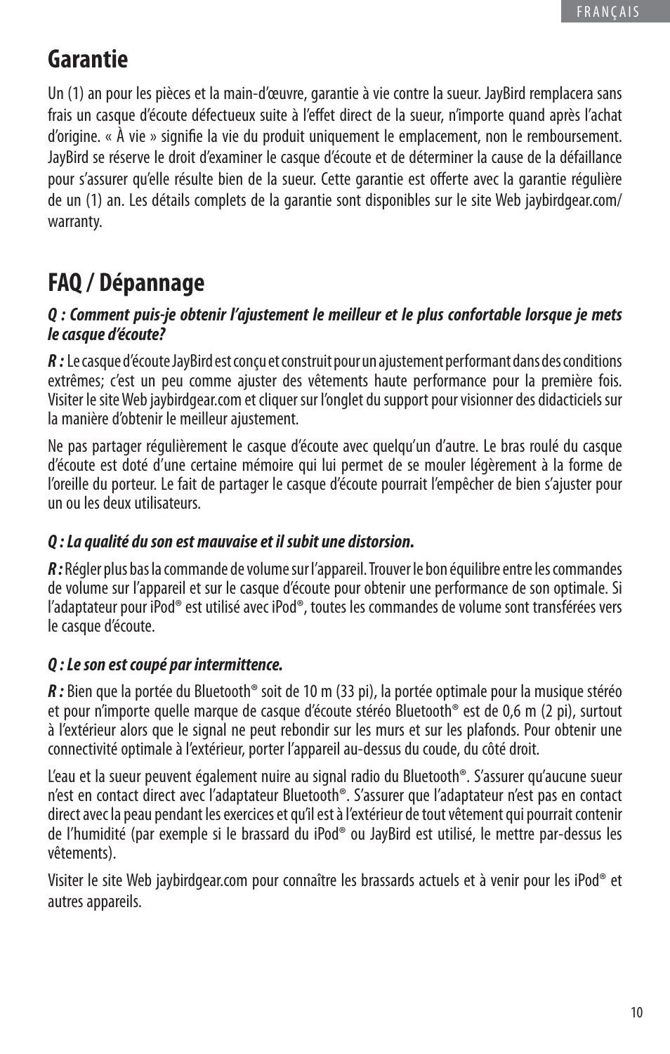 Garantie, Faq / dépannage | JayBird BLUETOOTH HEADPHONES JB200 User Manual | Page 31 / 82