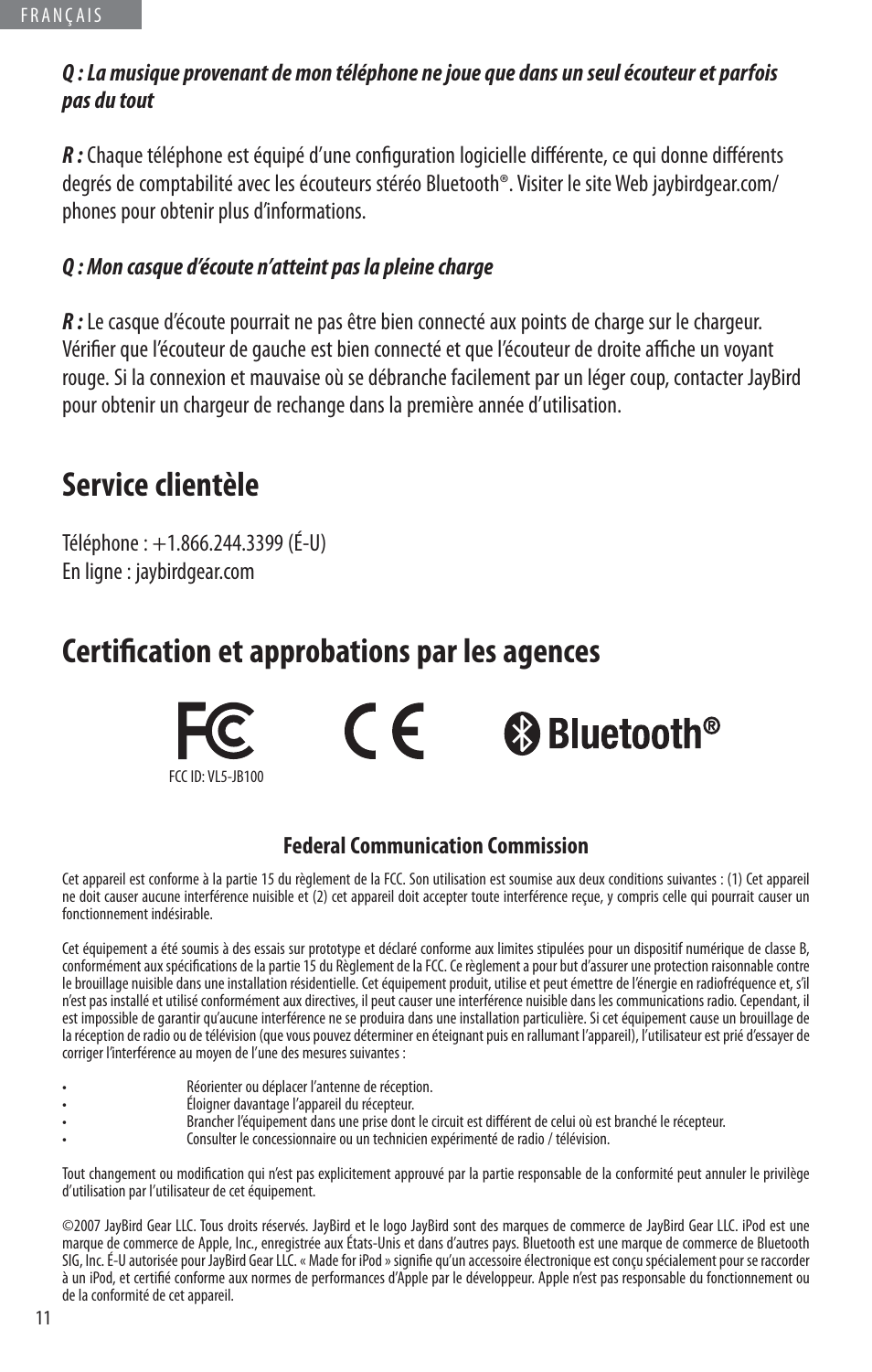 Service clientèle, Certifi cation et approbations par les agences | JayBird BLUETOOTH HEADPHONES JB200 User Manual | Page 32 / 82
