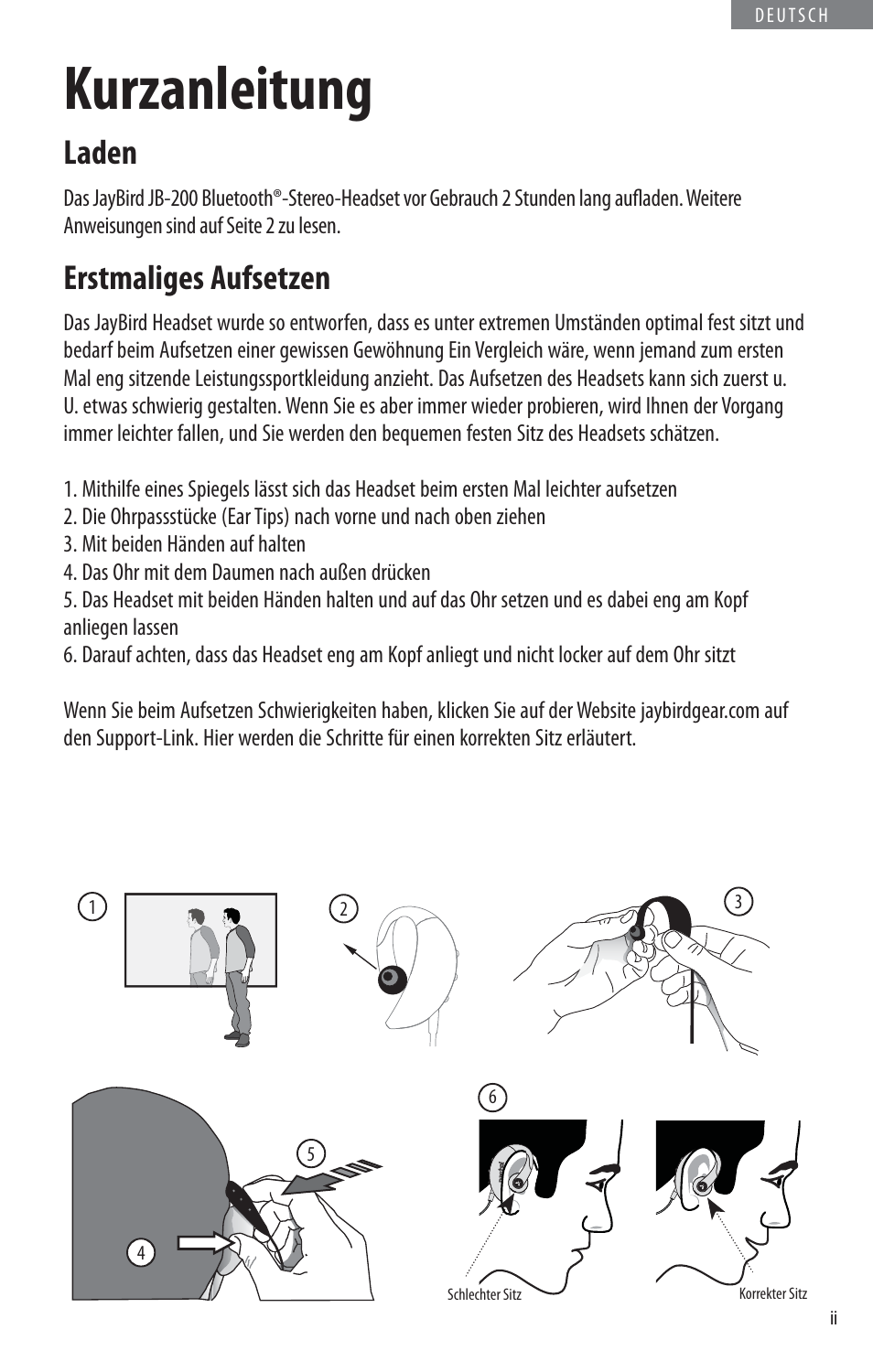 Kurzanleitung, Laden, Erstmaliges aufsetzen | JayBird BLUETOOTH HEADPHONES JB200 User Manual | Page 35 / 82