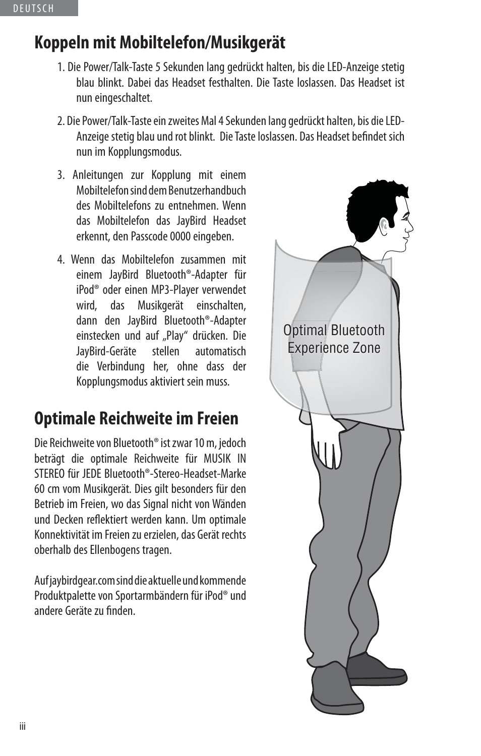 Koppeln mit mobiltelefon/musikgerät, Optimale reichweite im freien | JayBird BLUETOOTH HEADPHONES JB200 User Manual | Page 36 / 82