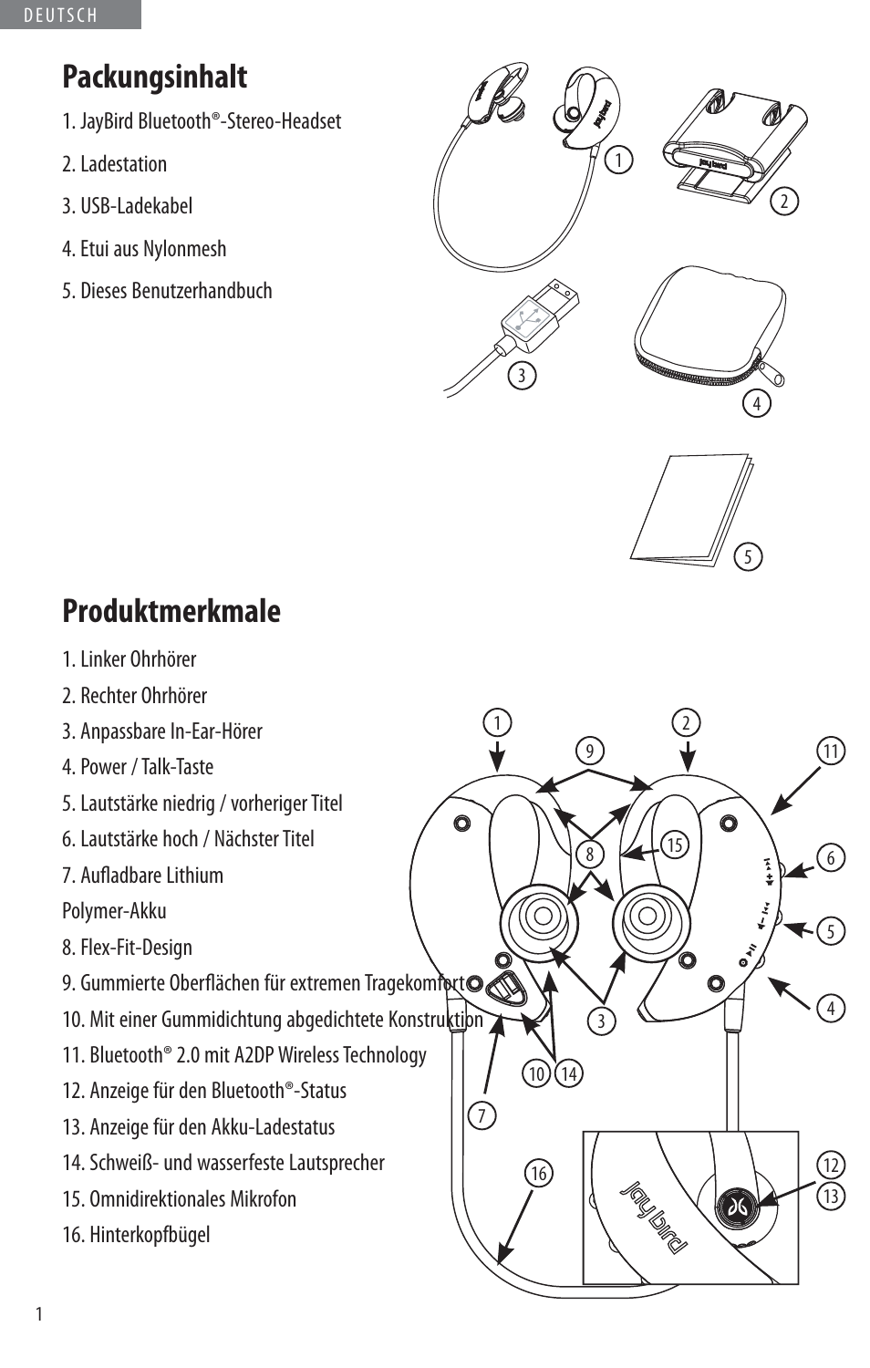 Packungsinhalt, Produktmerkmale | JayBird BLUETOOTH HEADPHONES JB200 User Manual | Page 38 / 82