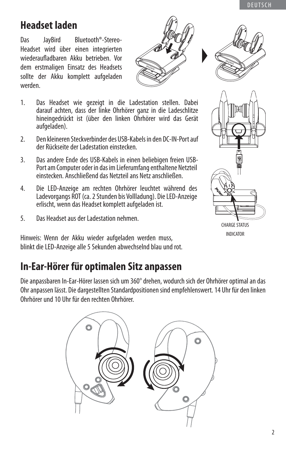 Headset laden, In-ear-hörer für optimalen sitz anpassen | JayBird BLUETOOTH HEADPHONES JB200 User Manual | Page 39 / 82