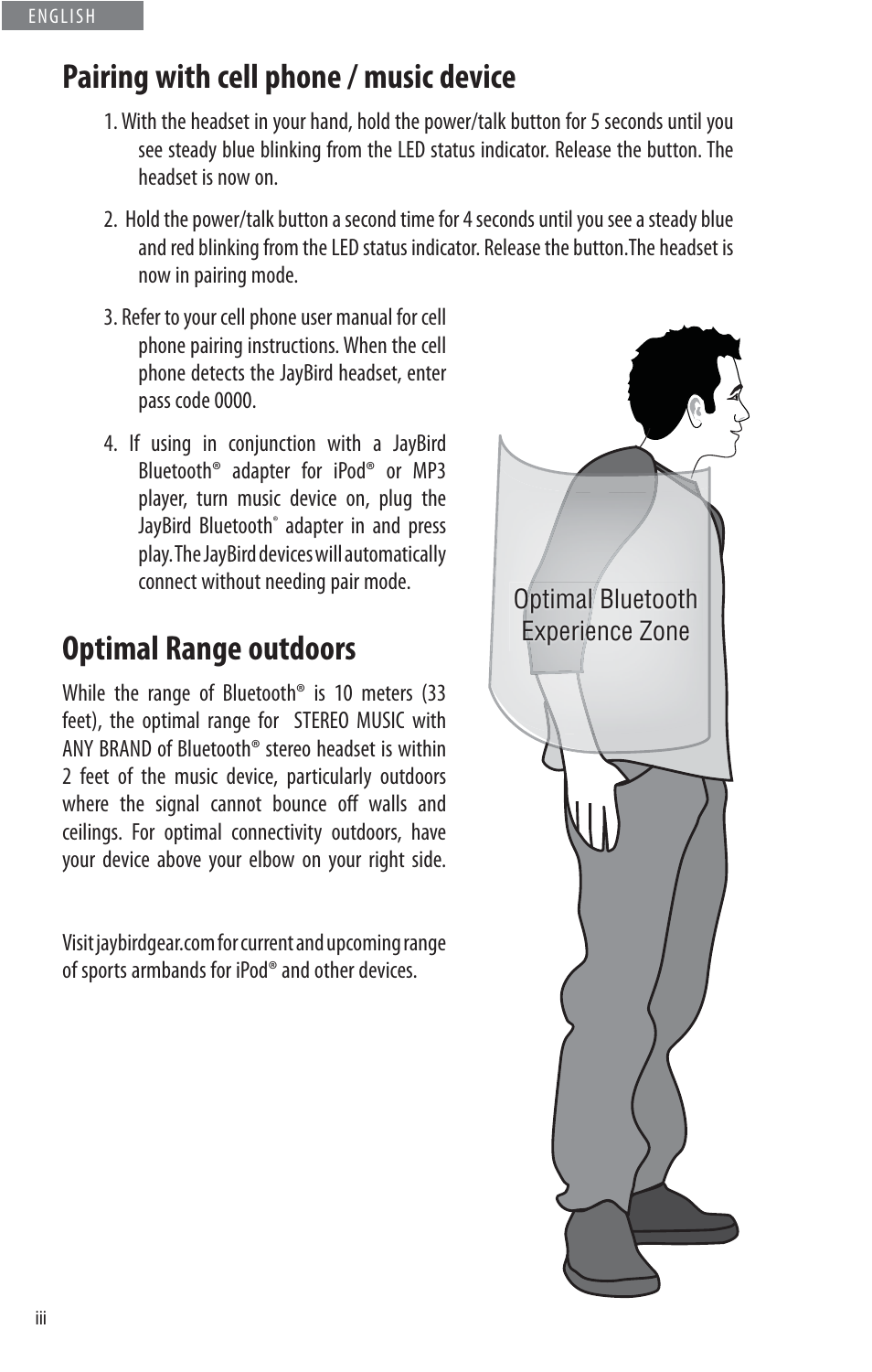 Pairing with cell phone / music device, Optimal range outdoors | JayBird BLUETOOTH HEADPHONES JB200 User Manual | Page 4 / 82