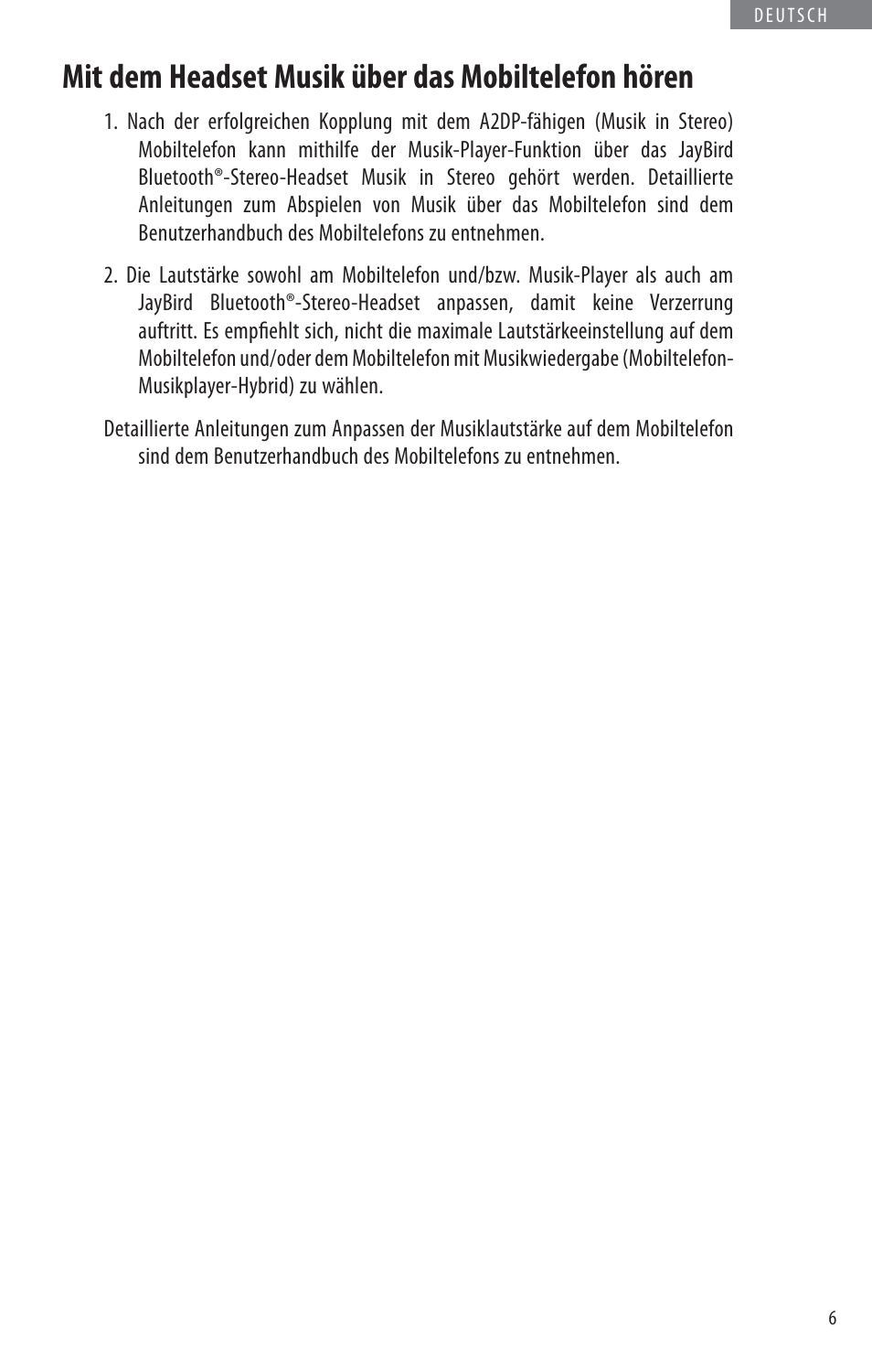 Mit dem headset musik über das mobiltelefon hören | JayBird BLUETOOTH HEADPHONES JB200 User Manual | Page 43 / 82