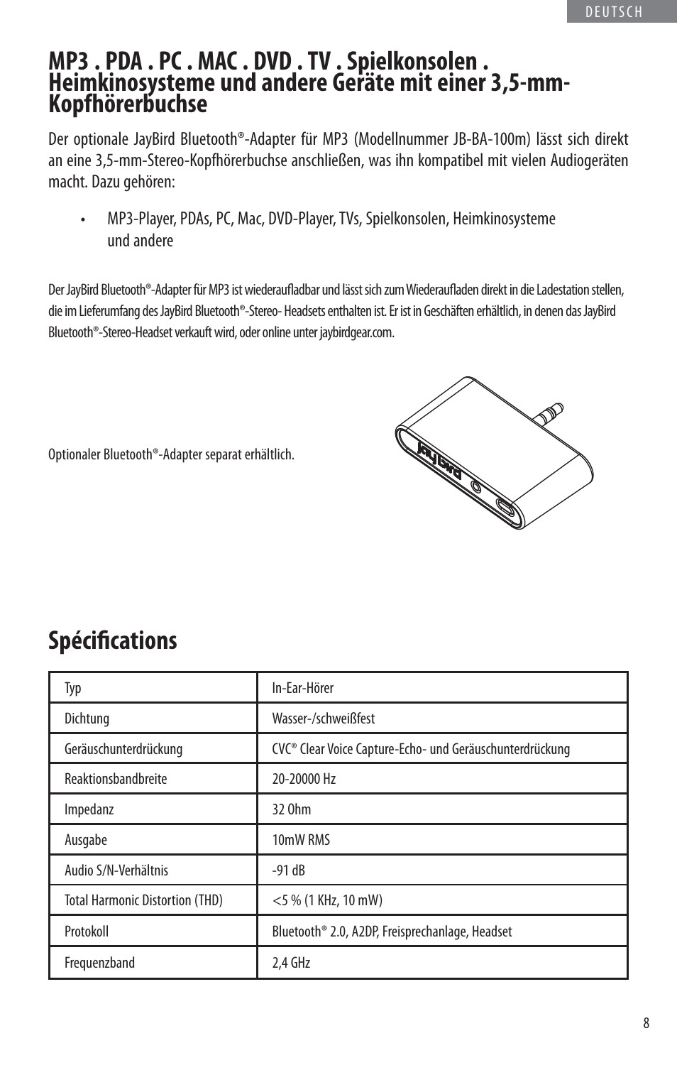 Spécifi cations | JayBird BLUETOOTH HEADPHONES JB200 User Manual | Page 45 / 82