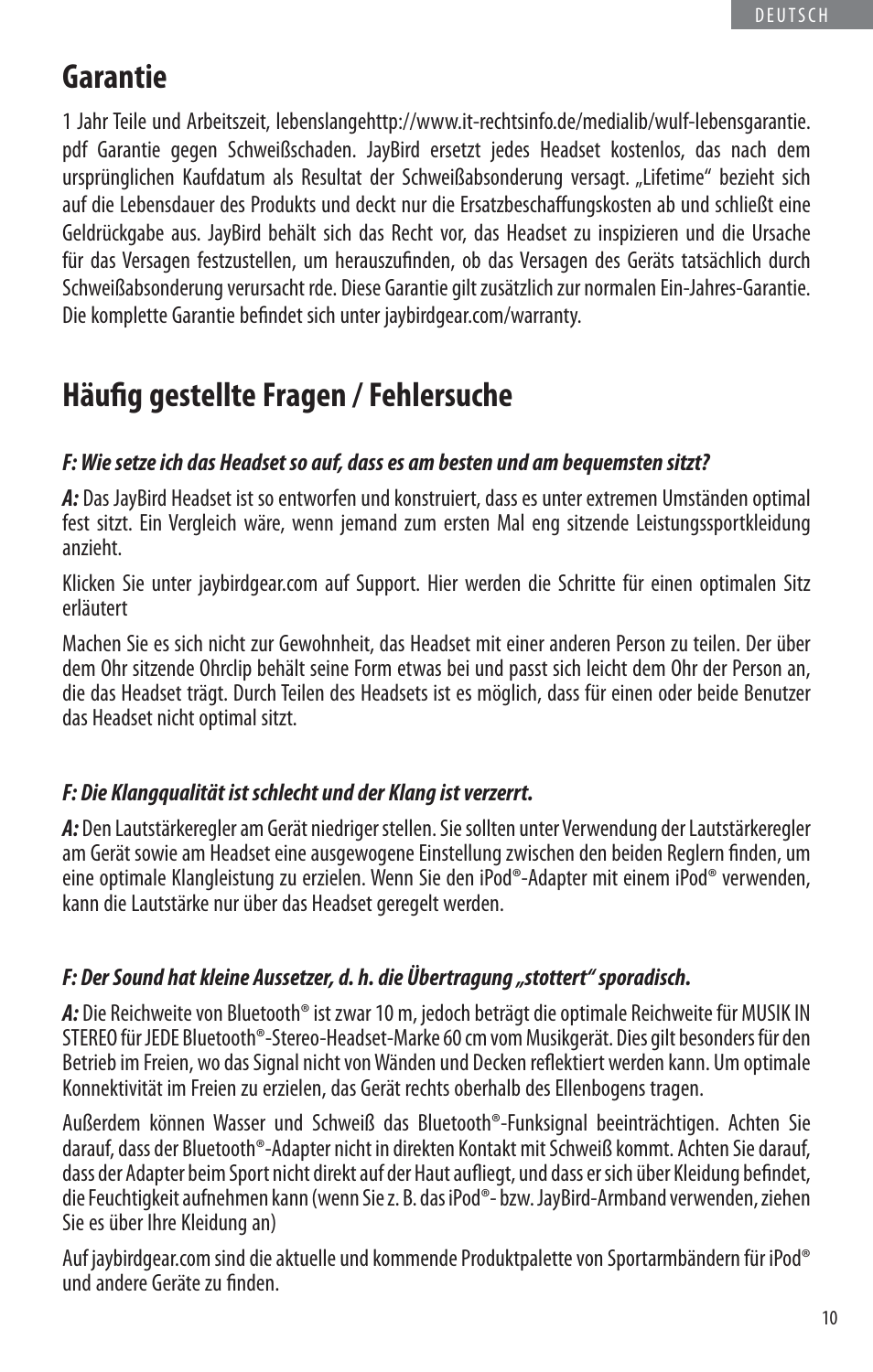 Garantie, Häufi g gestellte fragen / fehlersuche | JayBird BLUETOOTH HEADPHONES JB200 User Manual | Page 47 / 82