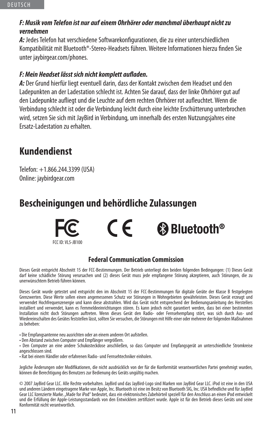 Kundendienst, Bescheinigungen und behördliche zulassungen | JayBird BLUETOOTH HEADPHONES JB200 User Manual | Page 48 / 82