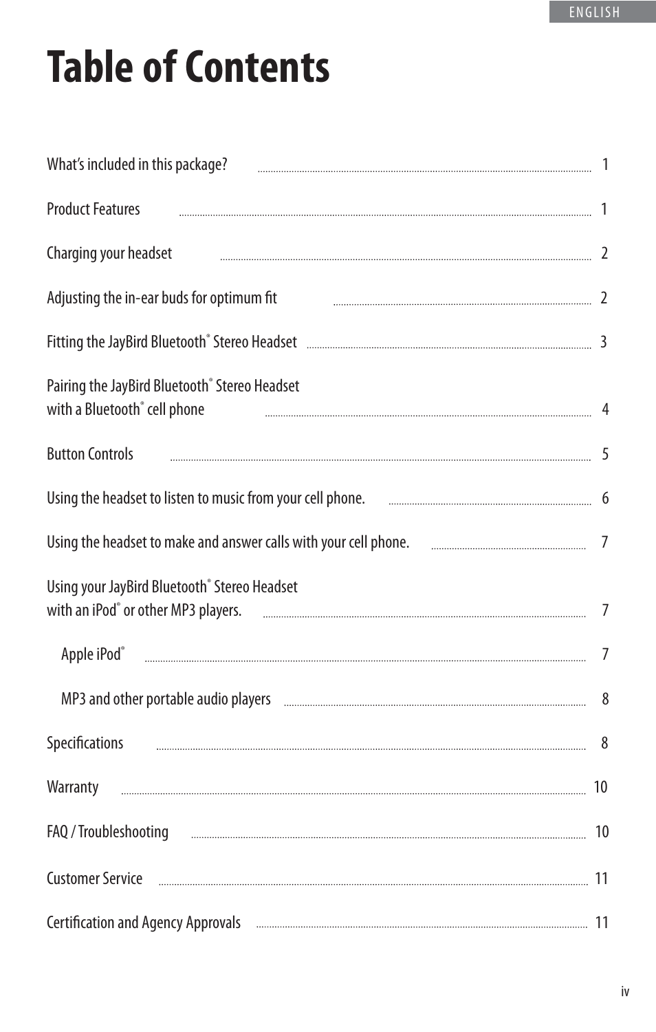 JayBird BLUETOOTH HEADPHONES JB200 User Manual | Page 5 / 82