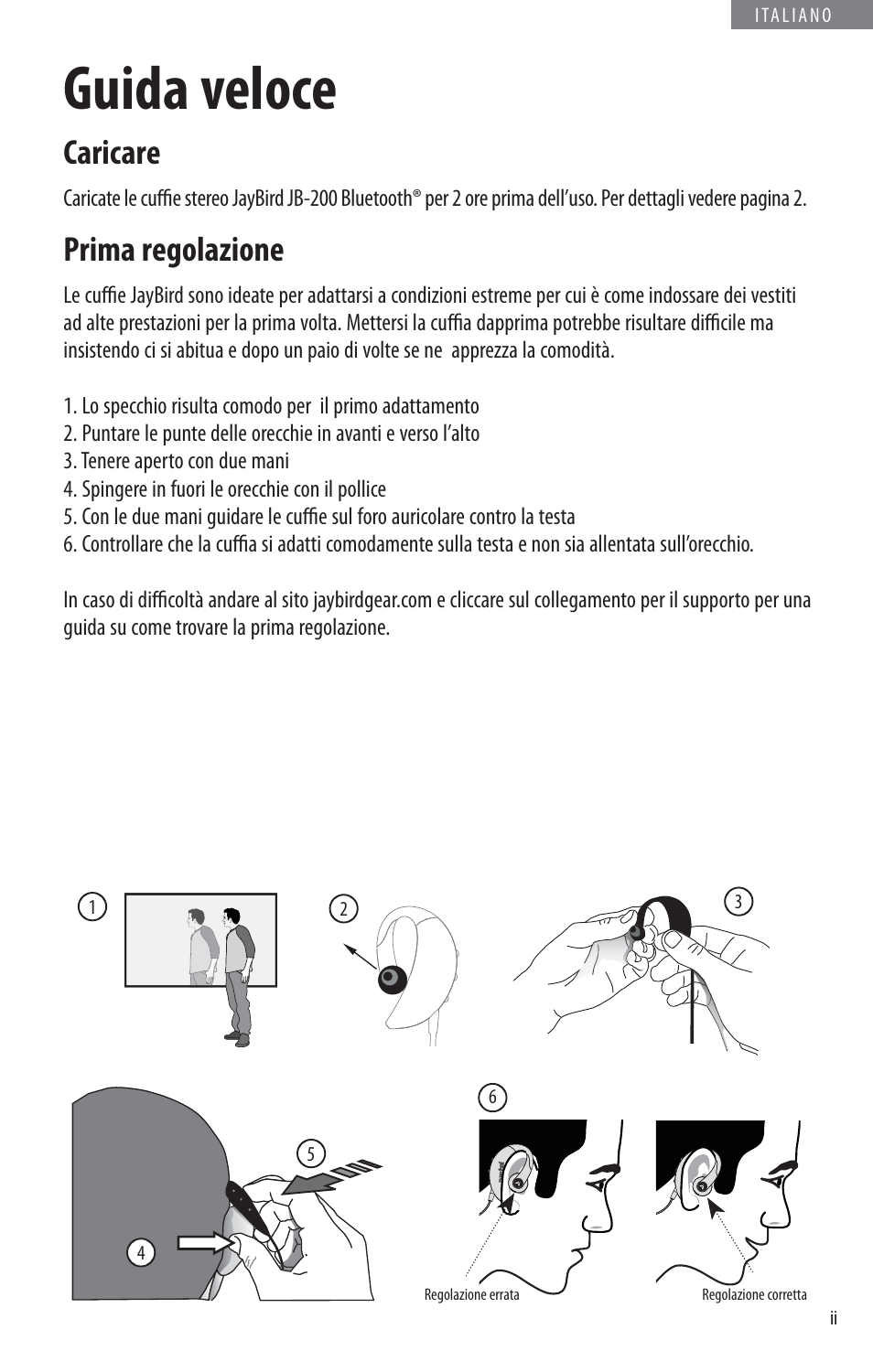 Guida veloce, Caricare, Prima regolazione | JayBird BLUETOOTH HEADPHONES JB200 User Manual | Page 51 / 82
