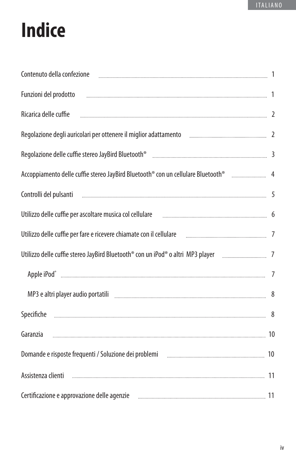 Indice | JayBird BLUETOOTH HEADPHONES JB200 User Manual | Page 53 / 82