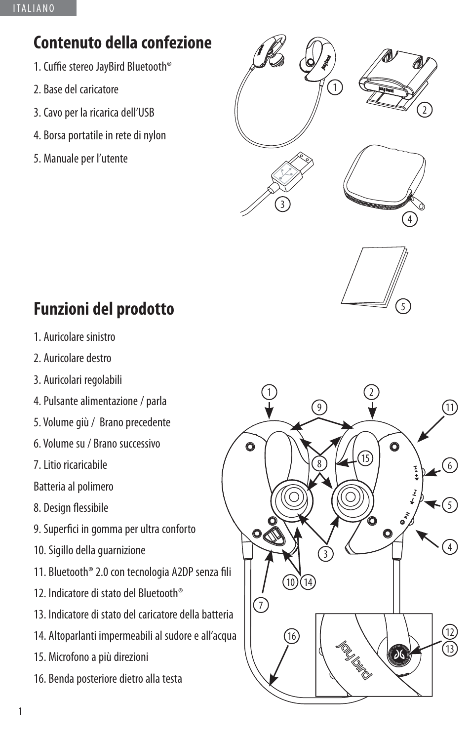 Contenuto della confezione, Funzioni del prodotto | JayBird BLUETOOTH HEADPHONES JB200 User Manual | Page 54 / 82