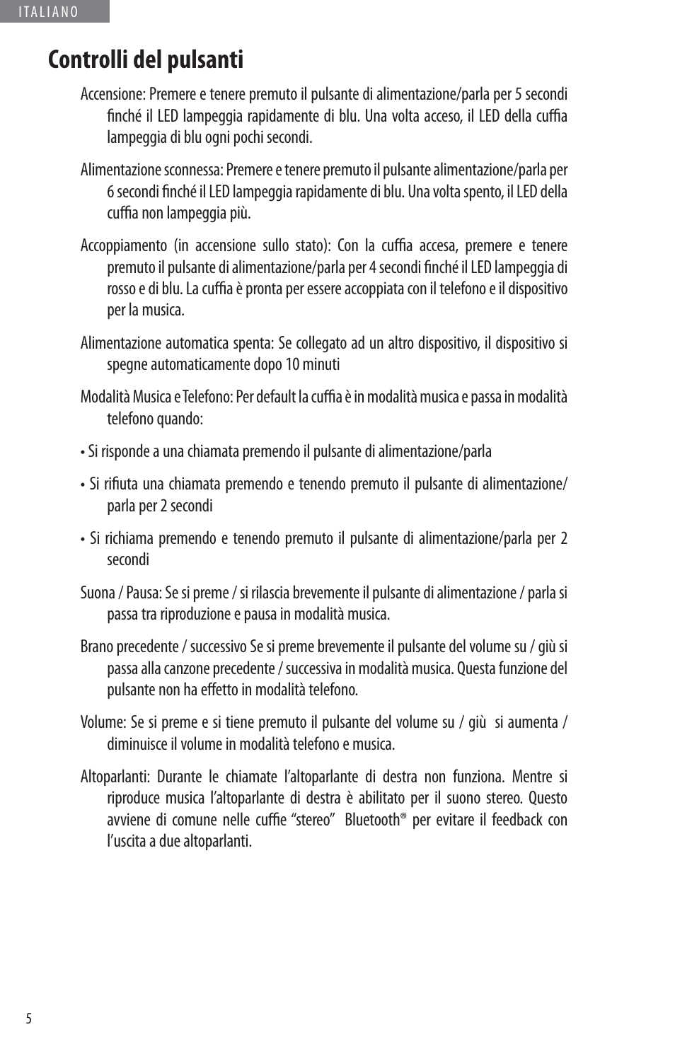 Controlli del pulsanti | JayBird BLUETOOTH HEADPHONES JB200 User Manual | Page 58 / 82