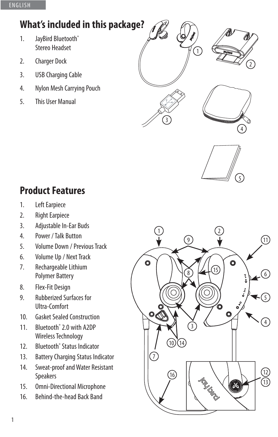 What’s included in this package, Product features | JayBird BLUETOOTH HEADPHONES JB200 User Manual | Page 6 / 82