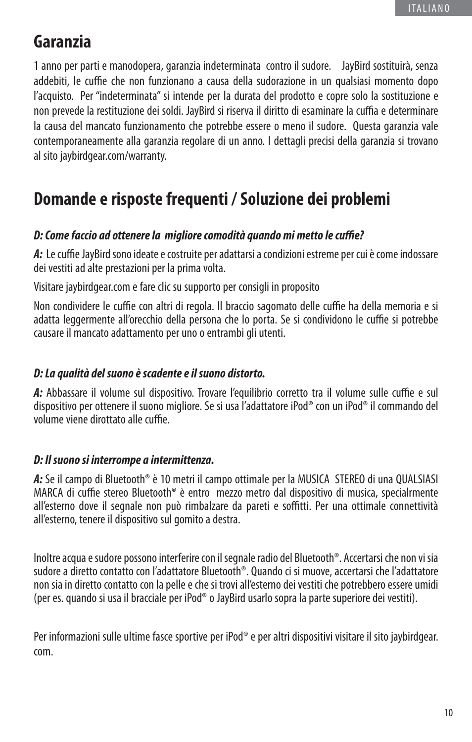 Garanzia | JayBird BLUETOOTH HEADPHONES JB200 User Manual | Page 63 / 82