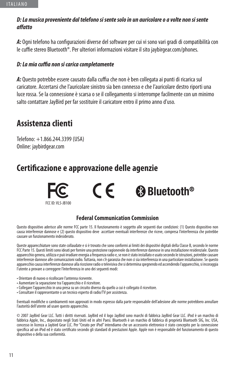 Assistenza clienti, Certifi cazione e approvazione delle agenzie | JayBird BLUETOOTH HEADPHONES JB200 User Manual | Page 64 / 82