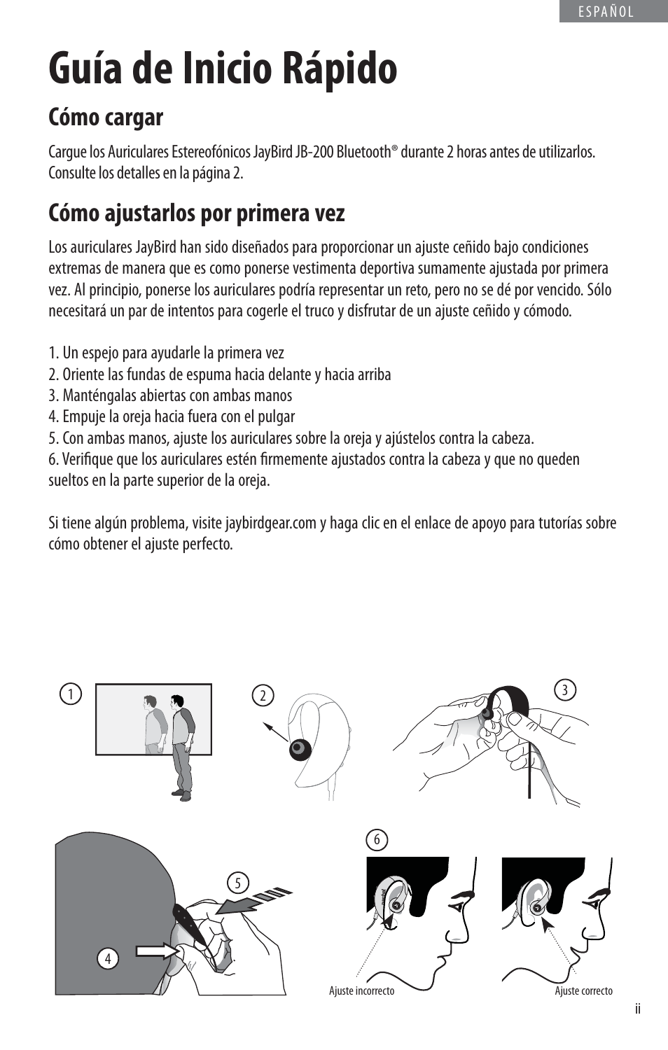 Guía de inicio rápido, Cómo cargar, Cómo ajustarlos por primera vez | JayBird BLUETOOTH HEADPHONES JB200 User Manual | Page 67 / 82