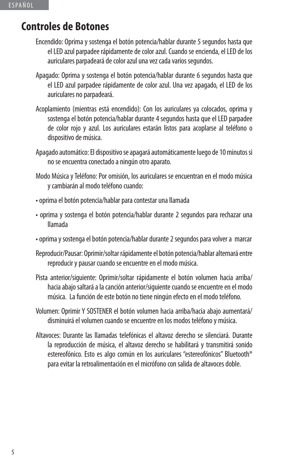 Controles de botones | JayBird BLUETOOTH HEADPHONES JB200 User Manual | Page 74 / 82