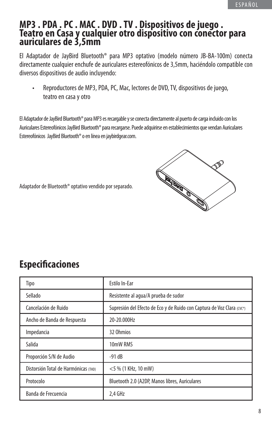 Especifi caciones | JayBird BLUETOOTH HEADPHONES JB200 User Manual | Page 77 / 82