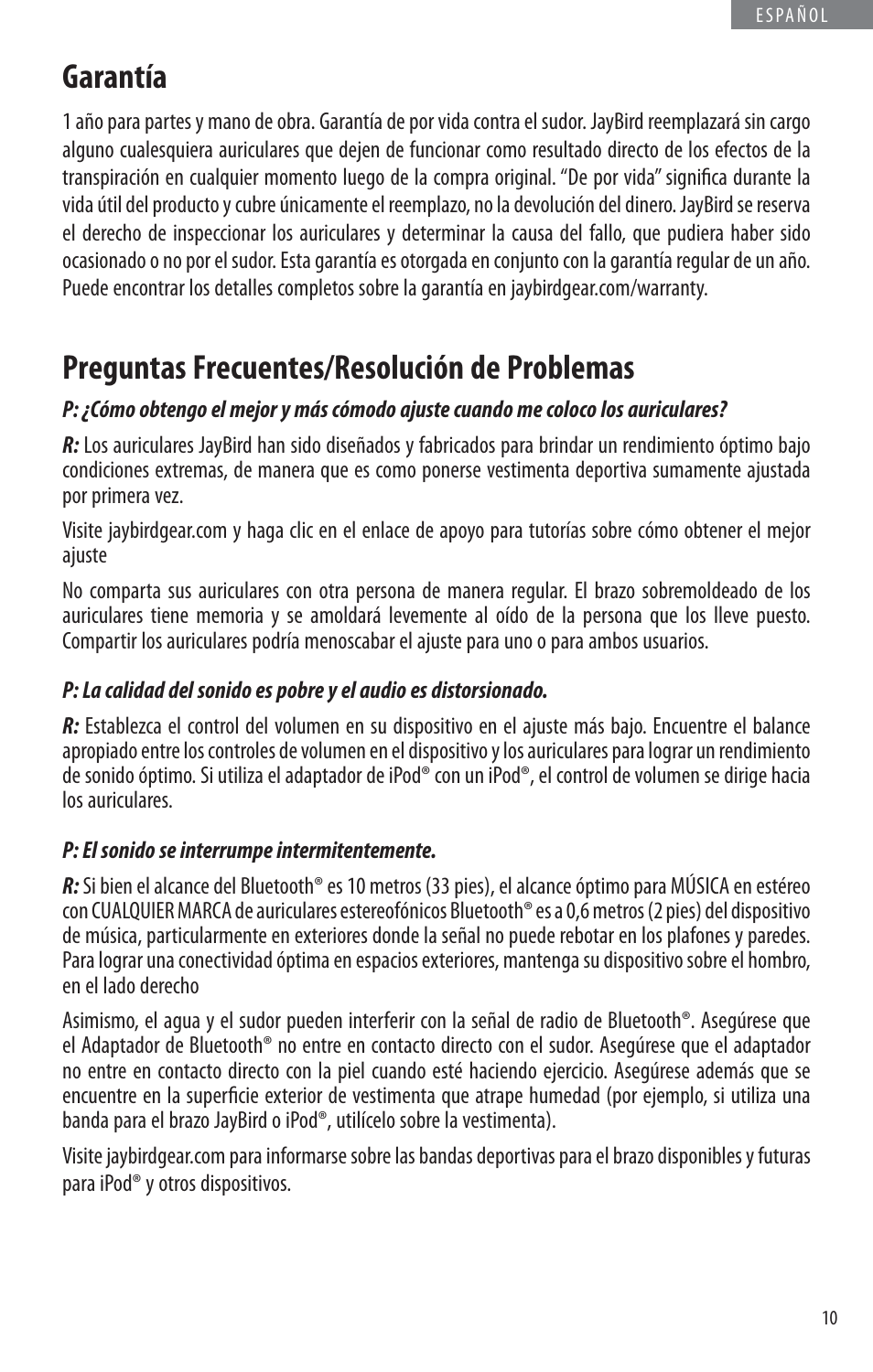 Garantía, Preguntas frecuentes/resolución de problemas | JayBird BLUETOOTH HEADPHONES JB200 User Manual | Page 79 / 82
