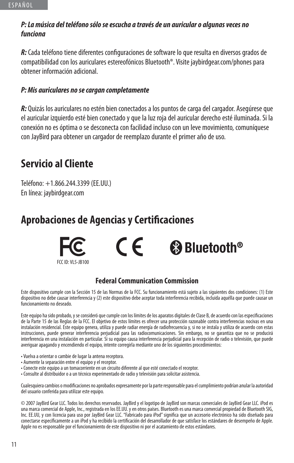 Servicio al cliente, Aprobaciones de agencias y certifi caciones | JayBird BLUETOOTH HEADPHONES JB200 User Manual | Page 80 / 82