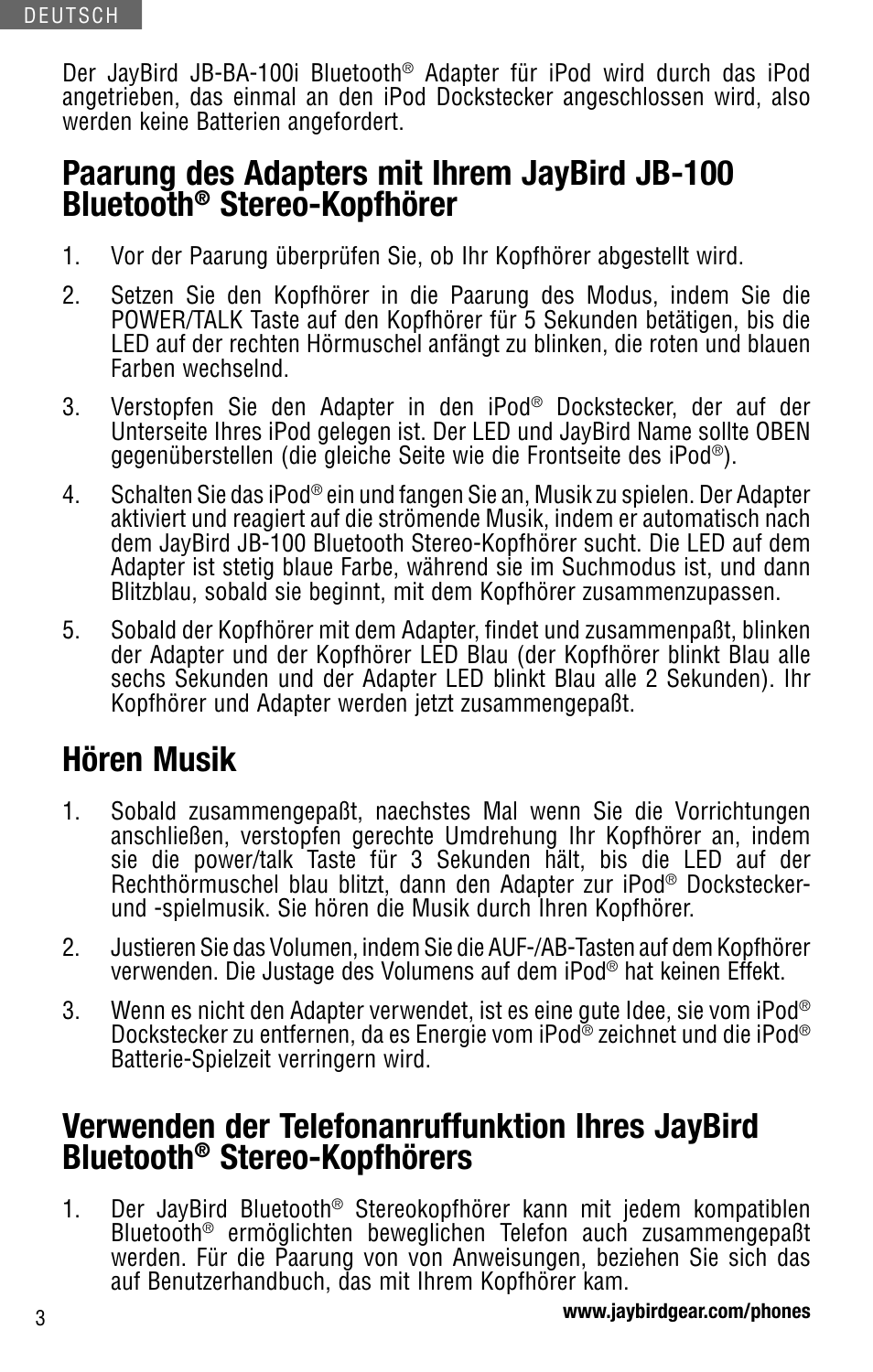 Stereo-kopfhörer, Hören musik, Stereo-kopfhörers | JayBird JB-BA-100I User Manual | Page 12 / 22