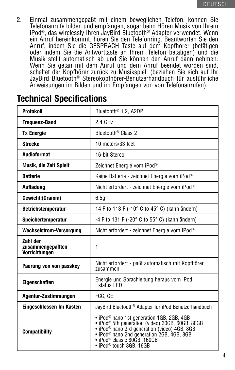Technical specifications, Das wirelessly ihren jaybird bluetooth | JayBird JB-BA-100I User Manual | Page 13 / 22