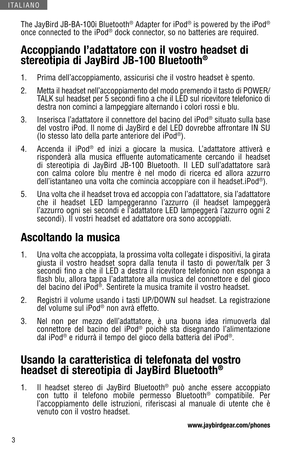 Ascoltando la musica | JayBird JB-BA-100I User Manual | Page 16 / 22