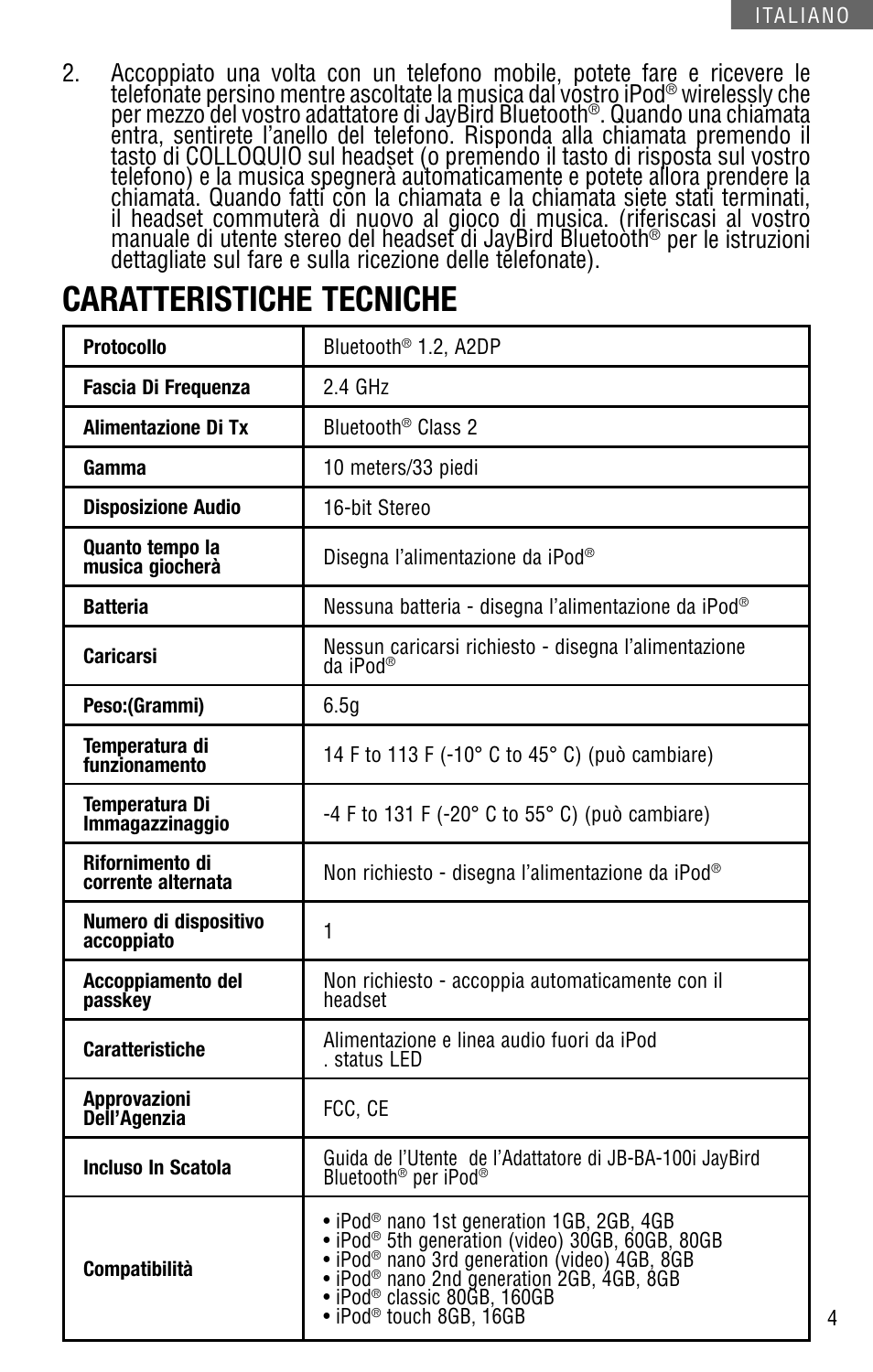 Caratteristiche tecniche | JayBird JB-BA-100I User Manual | Page 17 / 22