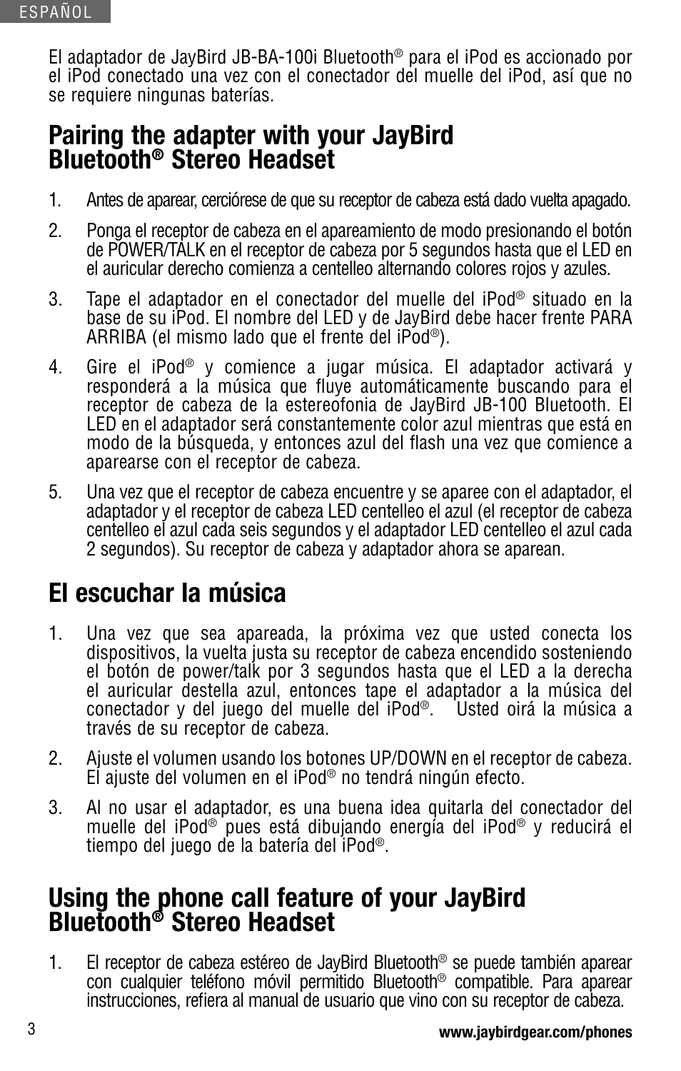 Pairing the adapter with your jaybird bluetooth, Stereo headset, El escuchar la música | JayBird JB-BA-100I User Manual | Page 20 / 22
