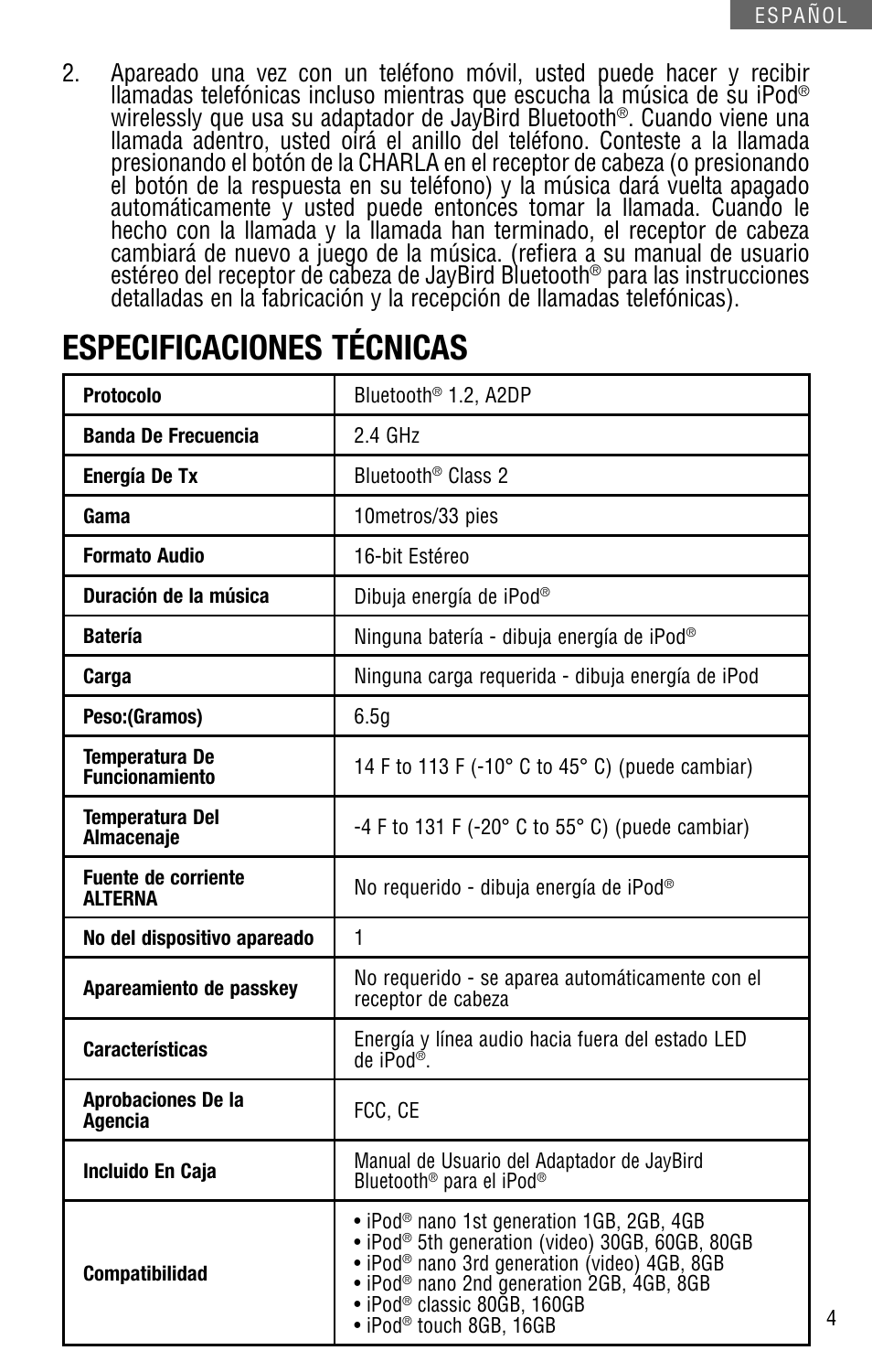 Especificaciones técnicas | JayBird JB-BA-100I User Manual | Page 21 / 22