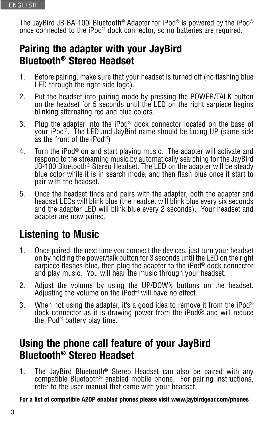 Pairing the adapter with your jaybird bluetooth, Stereo headset, Listening to music | JayBird JB-BA-100I User Manual | Page 4 / 22