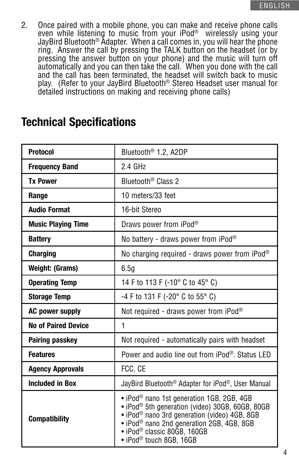 Technical specifications | JayBird JB-BA-100I User Manual | Page 5 / 22