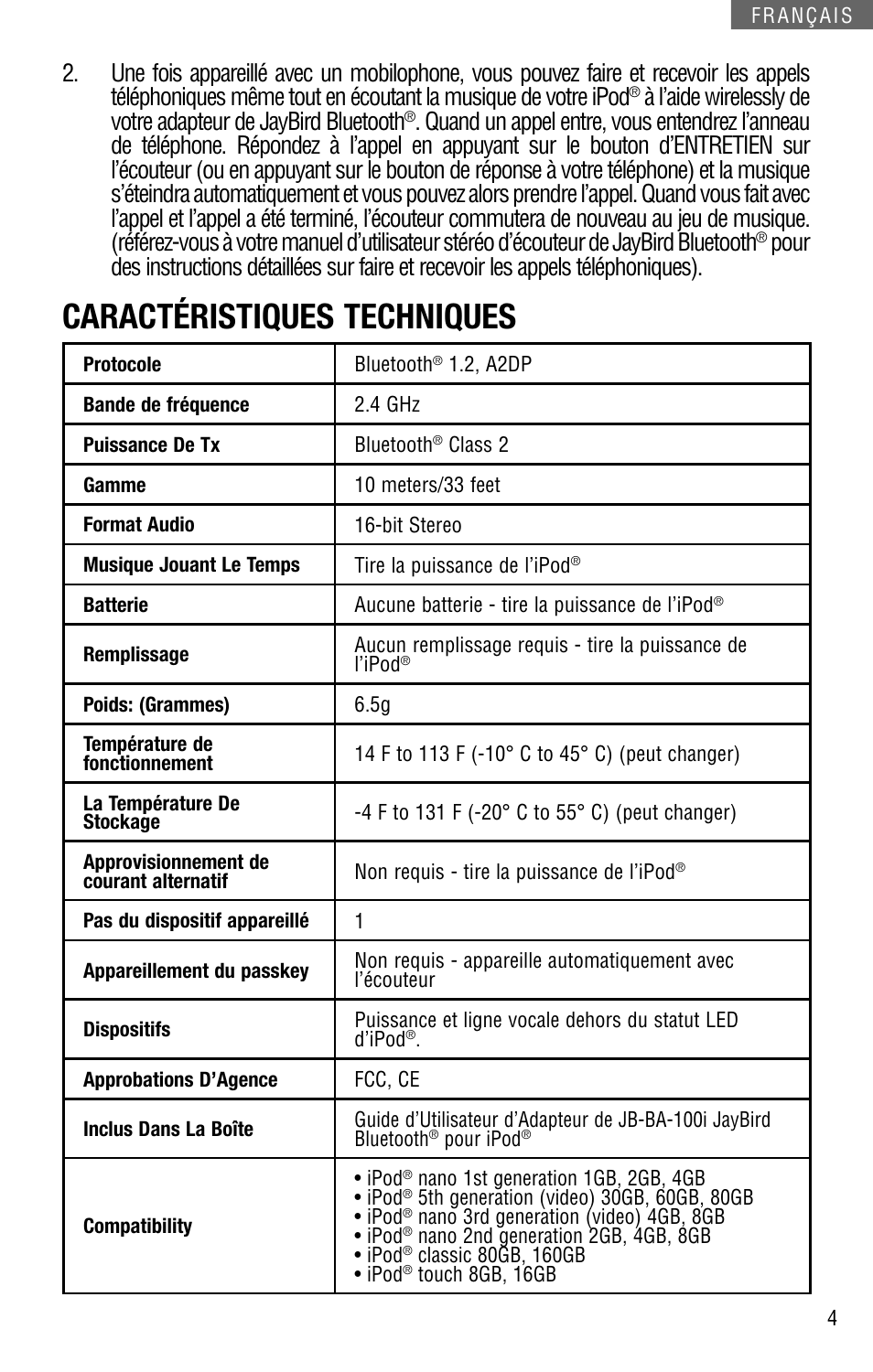 Caractéristiques techniques | JayBird JB-BA-100I User Manual | Page 9 / 22