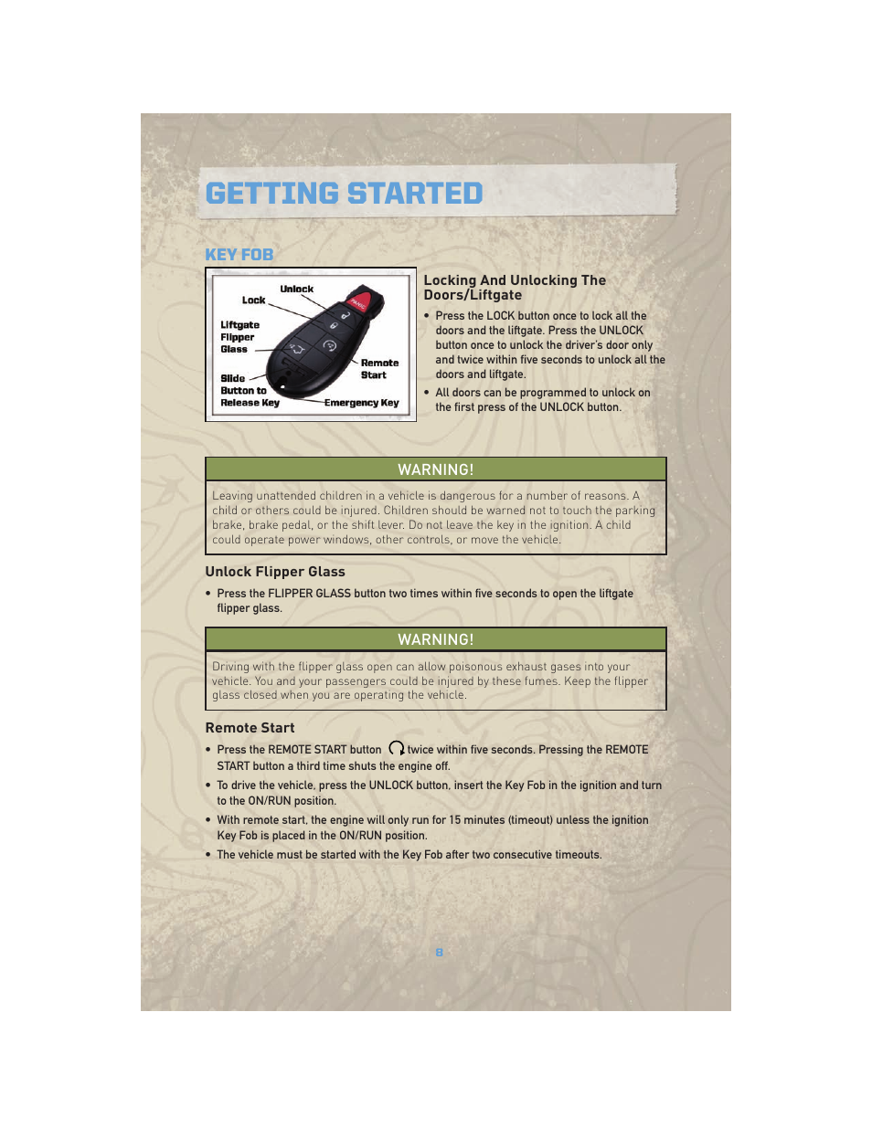 Getting started, Key fob, Locking and unlocking the doors/liftgate | Unlock flipper glass, Remote start | Jeep COMMANDER 2010 User Manual | Page 10 / 78