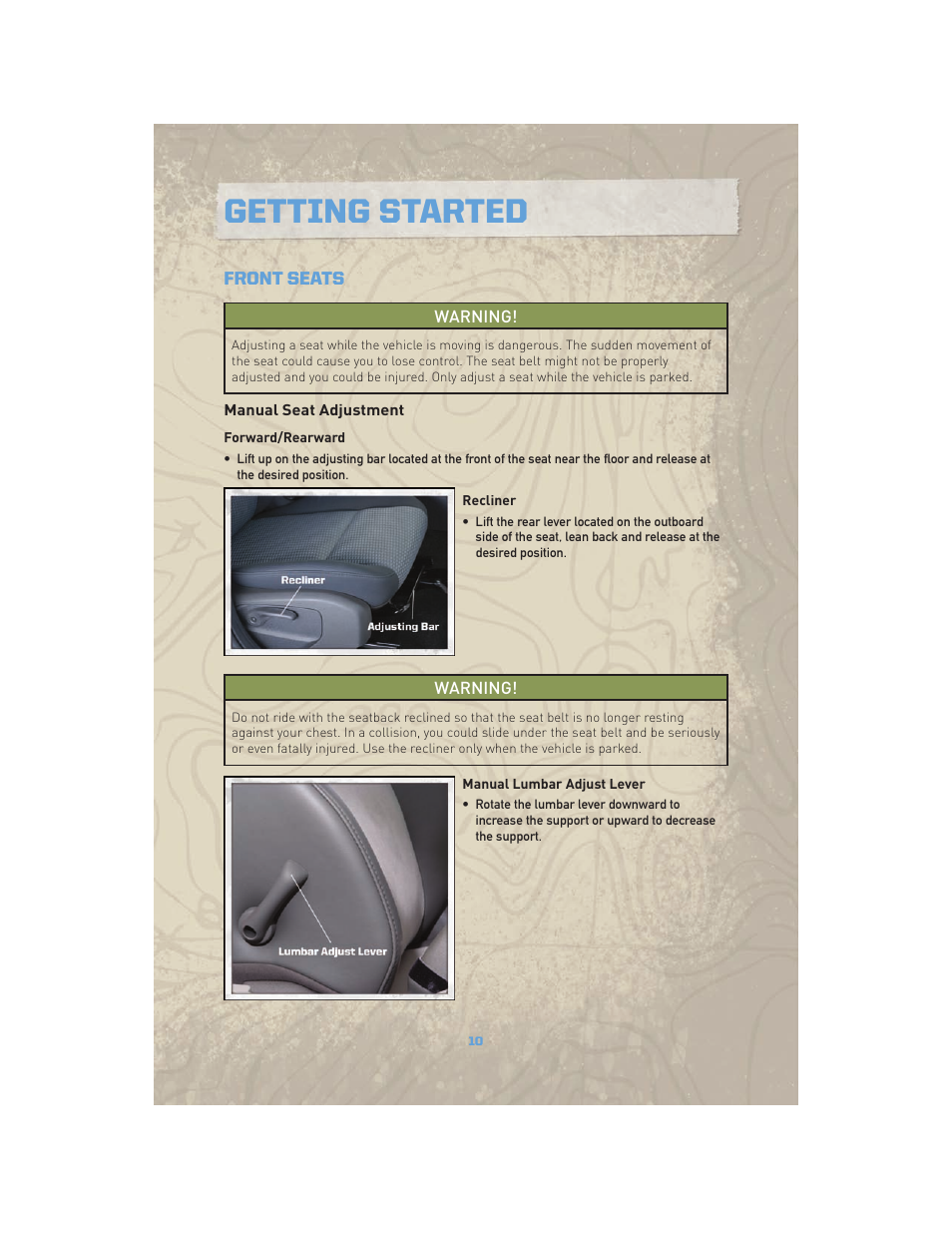 Front seats, Manual seat adjustment, Getting started | Jeep COMMANDER 2010 User Manual | Page 12 / 78