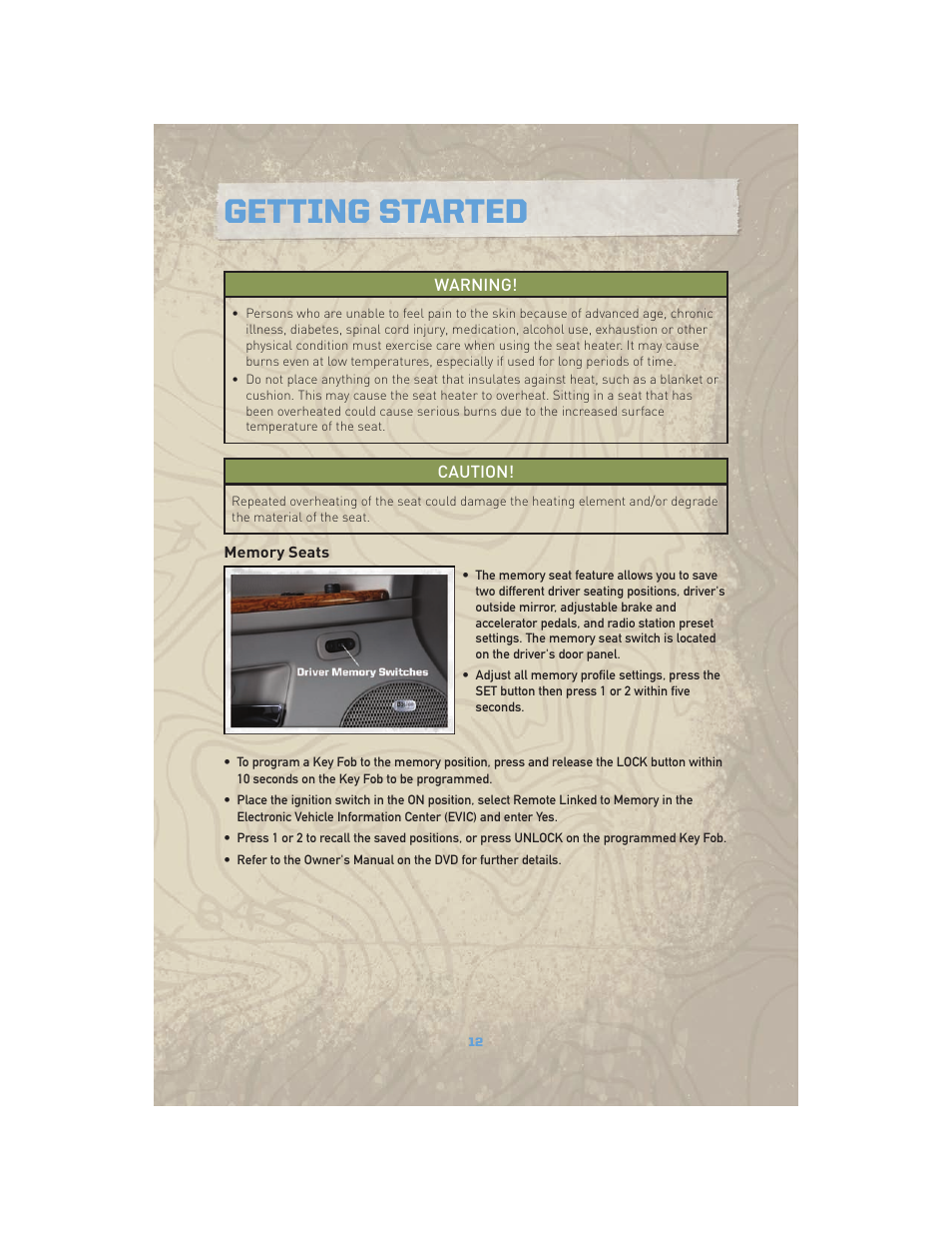 Memory seats, Getting started | Jeep COMMANDER 2010 User Manual | Page 14 / 78