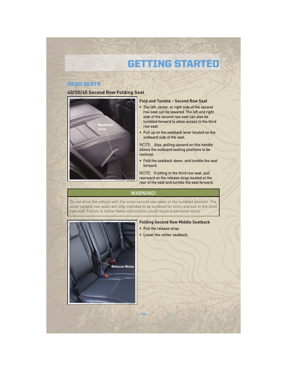 Rear seats, 40/20/40 second row folding seat, Getting started | Jeep COMMANDER 2010 User Manual | Page 15 / 78