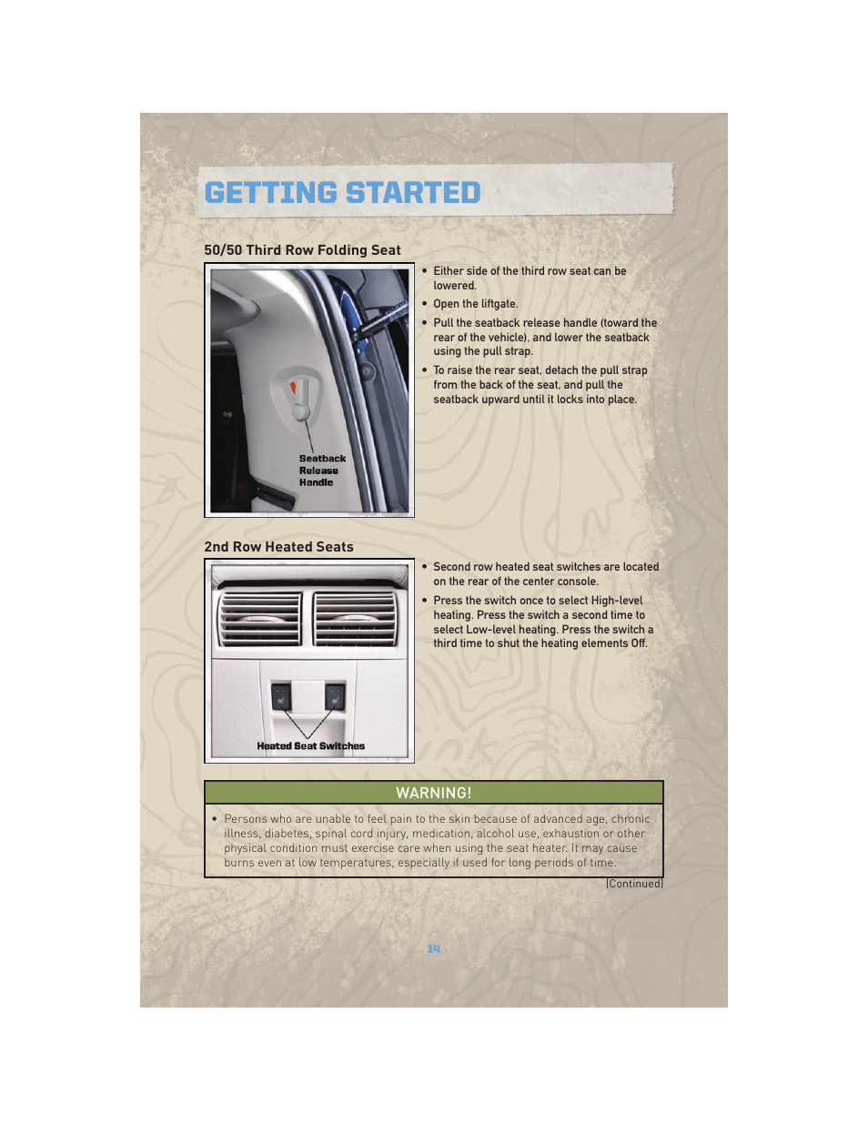 50/50 third row folding seat, 2nd row heated seats, Getting started | Jeep COMMANDER 2010 User Manual | Page 16 / 78