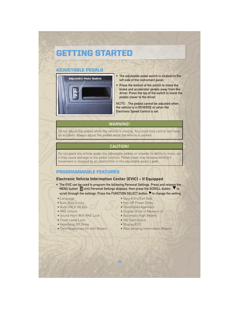 Adjustable pedals, Programmable features, Getting started | Jeep COMMANDER 2010 User Manual | Page 18 / 78
