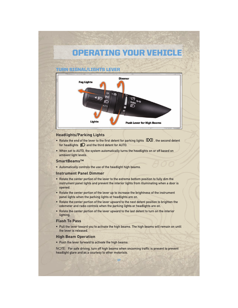 Operating your vehicle, Turn signal/lights lever, Headlights/parking lights | Smartbeams, Instrument panel dimmer, Flash to pass, High beam operation | Jeep COMMANDER 2010 User Manual | Page 19 / 78