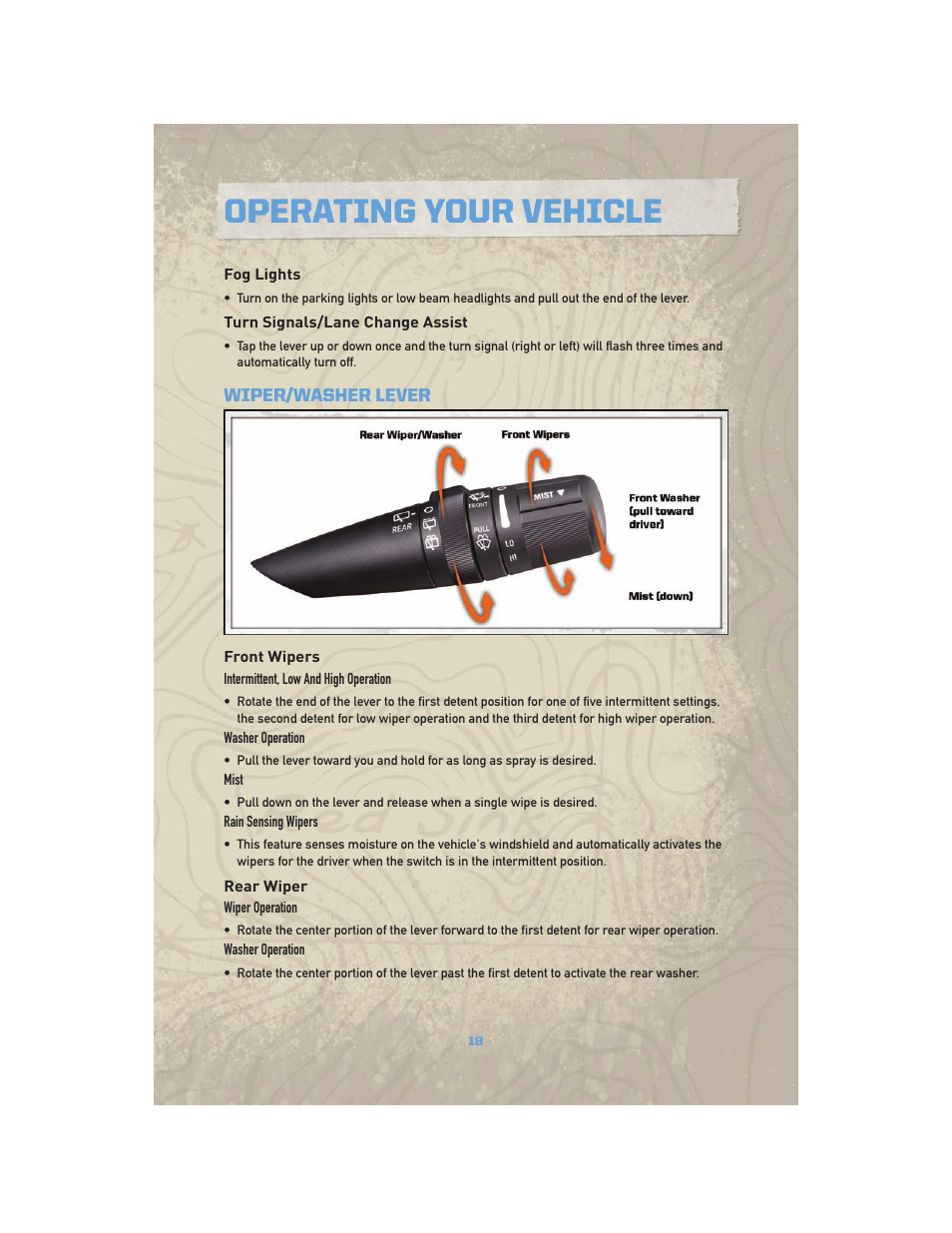 Fog lights, Turn signals/lane change assist, Wiper/washer lever | Front wipers, Rear wiper, Operating your vehicle | Jeep COMMANDER 2010 User Manual | Page 20 / 78