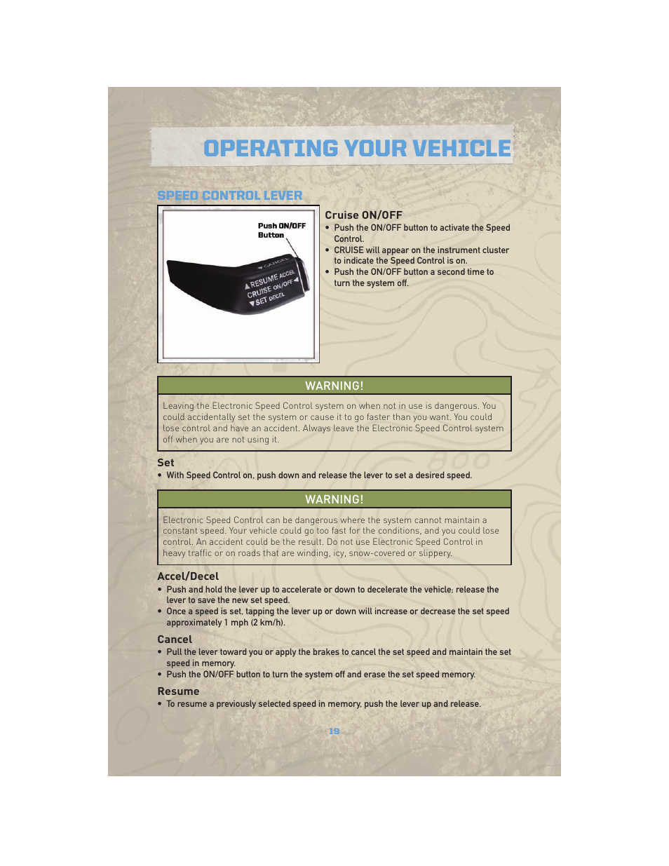 Speed control lever, Cruise on/off, Accel/decel | Cancel, Resume, Operating your vehicle | Jeep COMMANDER 2010 User Manual | Page 21 / 78